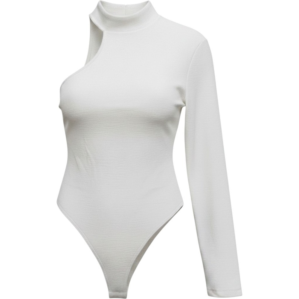 New Glam Feeling Inspired One Shoulder Bodysuit White Mock Neck‎ Long Sleeve L
